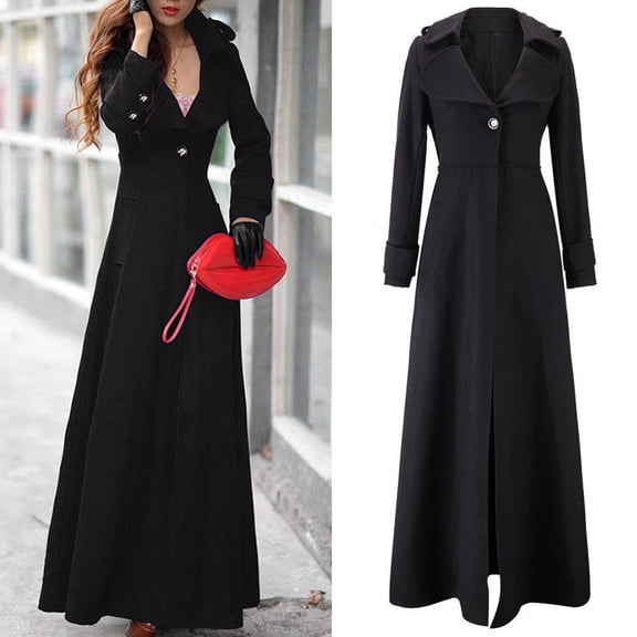 Homenesgenics Trench Coat for Women Slim-Fit Faux Winter Coat Extra-Long Trench Coat Floor-Length Black XL