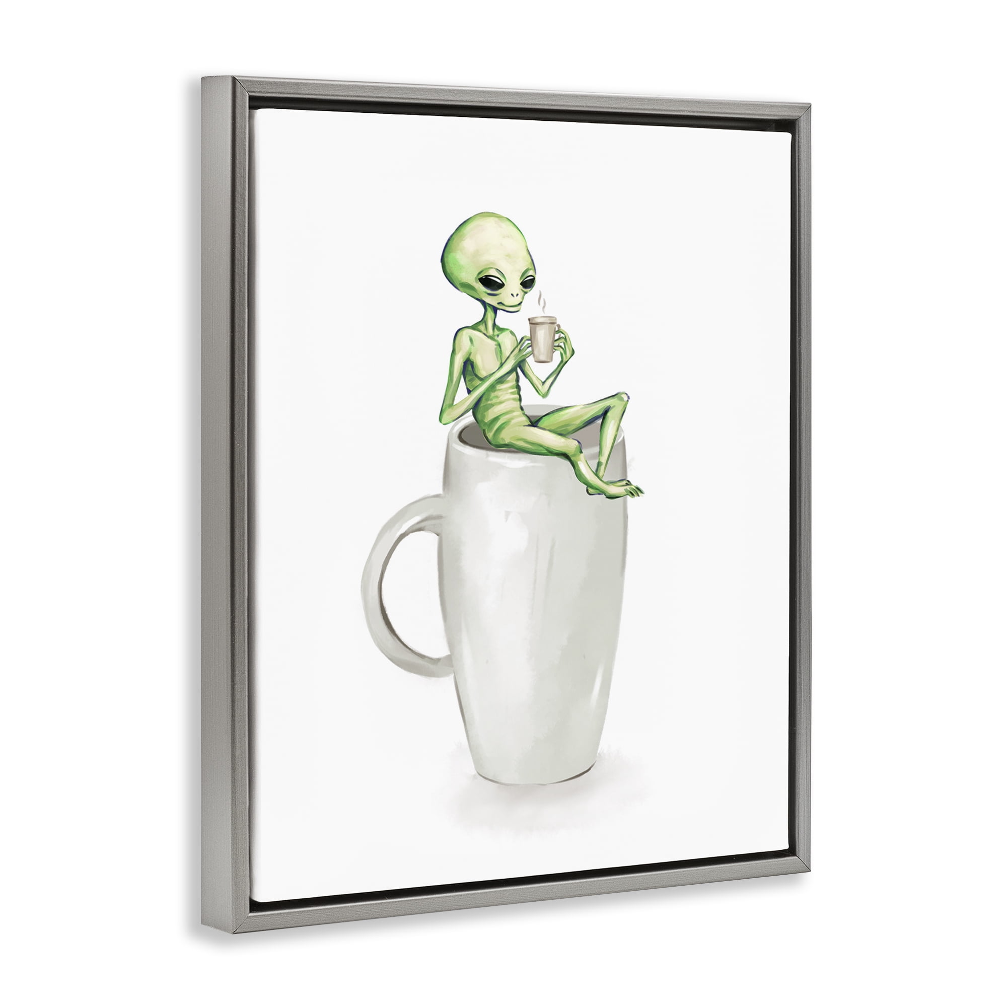 Stupell Industries Alien & Coffee Mug Food & Beverage Painting Gray Floater Framed Art Print Wall Art, 17 x 21