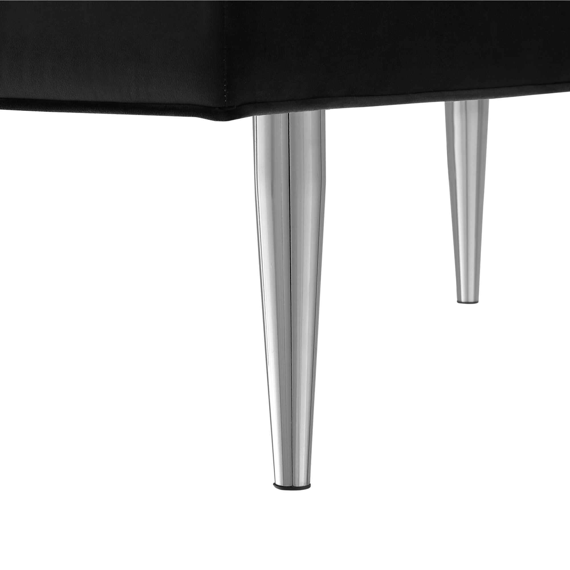 Bodie Black/Chrome Velvet Bench - Upholstered, Channel Tufted, Tapered Mirrorred Lacquer Finish Stainless Steel Legs