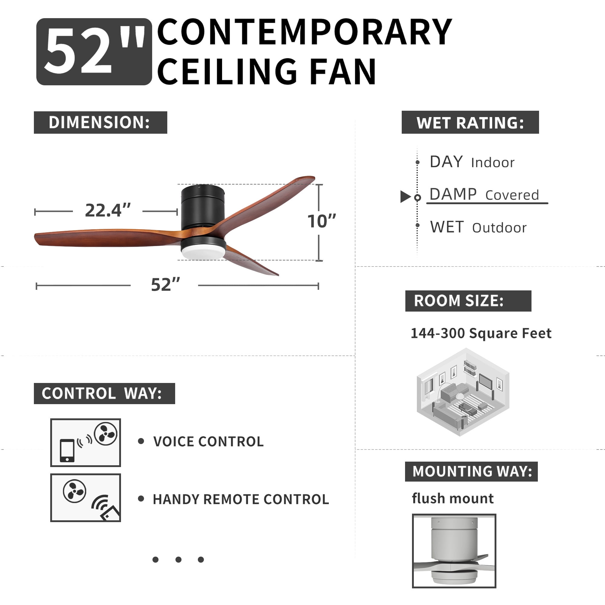 Uforic 52 Inch Low Profile Ceiling Fan with Lights Remote with Alexa, Flush Mount Ceiling Fan with 6 speeds - Black & Walnut