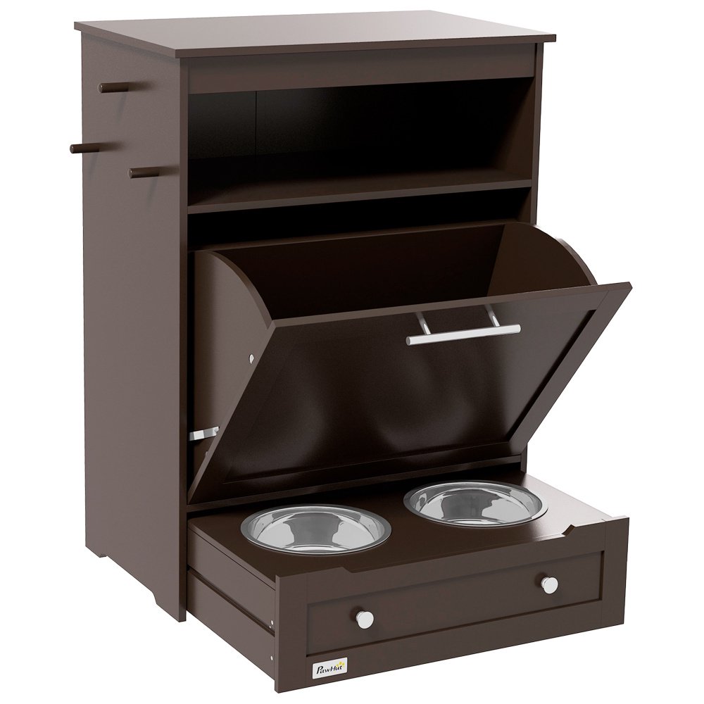 PawHut Raised Dog Feeder Station with Storage Cabinet, Elevated Dog Bowls Food Storage Container with Side Hooks, Brown MDF Pet Feeding Cabinet