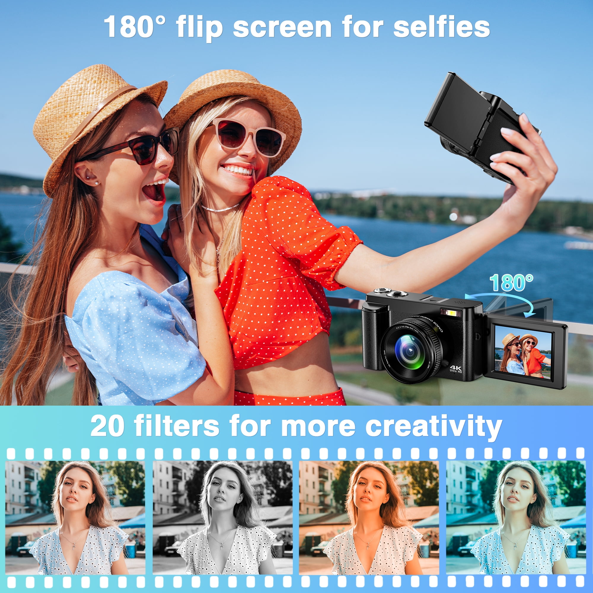 Vlogging Camera 4K Digital Camera with Autofocus, 180° Flip Screen 48MP Video Cameras Camcorder for Photography and YouTube, Includes 32GB Card, UV Lens & 16X Zoom (Black)