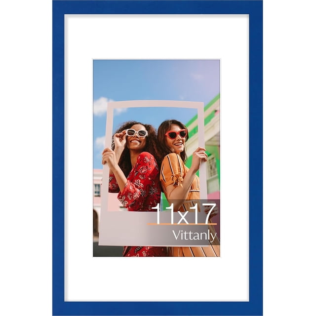 Vittanly 11x17 Picture Frame, Engineered Wood with Shatter Resistant Plexiglass, Display Pictures 8x12 with Mat or 11x17 without Mat, Photo Frame for Wall Mounting, Royal Blue, 1 Pack