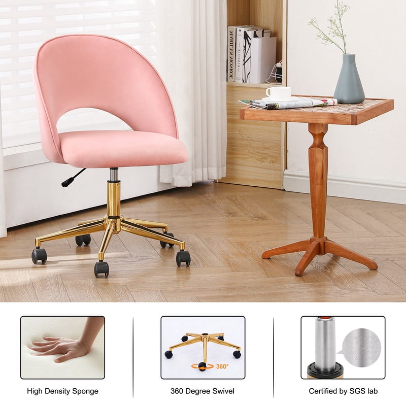 Modern Upholstered Office Chair, Adjustable Armless Desk Chair with Gold Metal Base and Rolling Casters, Accent Vanity Chair for Home Office, Bedroom, Makeup Room,Pink