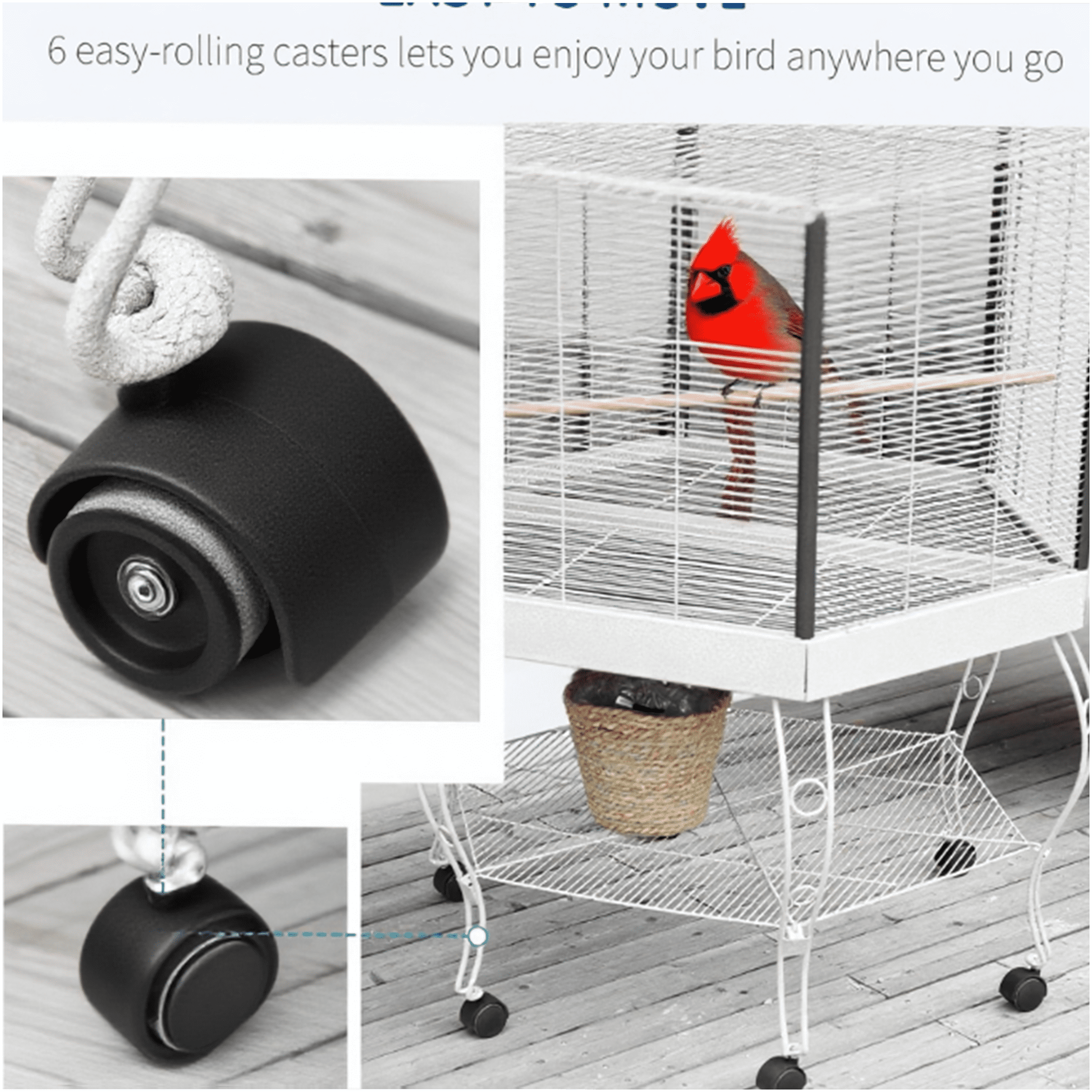 JERFIT 67’’ Hexagon Bird Cage with Stand & Wheels, Large Rolling Flight Aviary with Canopy Cover, Removable Tray for Easy Cleaning, Grey