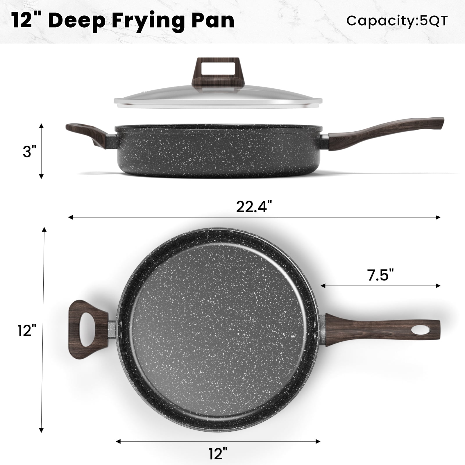 Nonstick Frying Pan Skillet with Lid, 12 Inch Deep Frying Pan, 5 Qt Saute Pan with Bakelite Handle, Kitchen Cooking Pan Skillet, Compatible with All Stovetops (Gas, Electric & Induction)