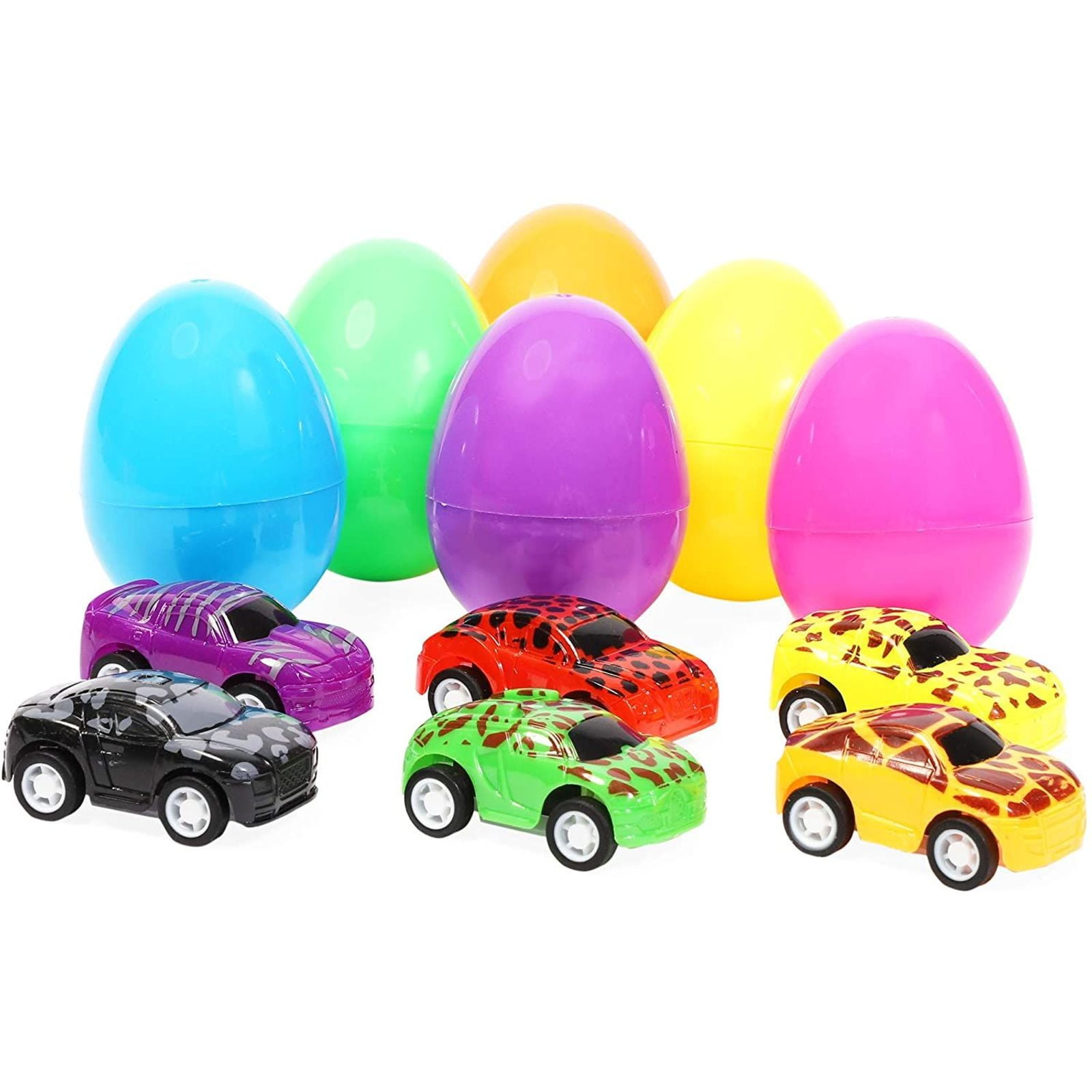 Prefilled Easter Eggs Easter Basket Stuffers for Toddler Kids Girls Boys 4 Pack Jumbo Easter Eggs Filled with Dinosaur Pull Back Cars Toys Inside 