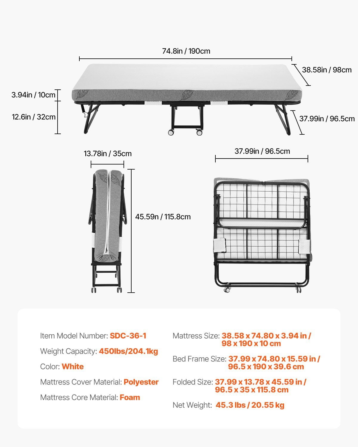 Foldable Twin Roll Away Bed with 4" Memory Foam, 38x75 Inch Portable Guest Bed with Sturdy Steel Frame, Compact Storage Design