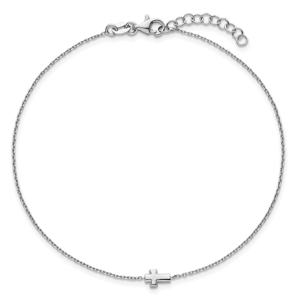 Sterling Silver Rhodium-plated Cross 9 inch with 1 inch Extension Anklet