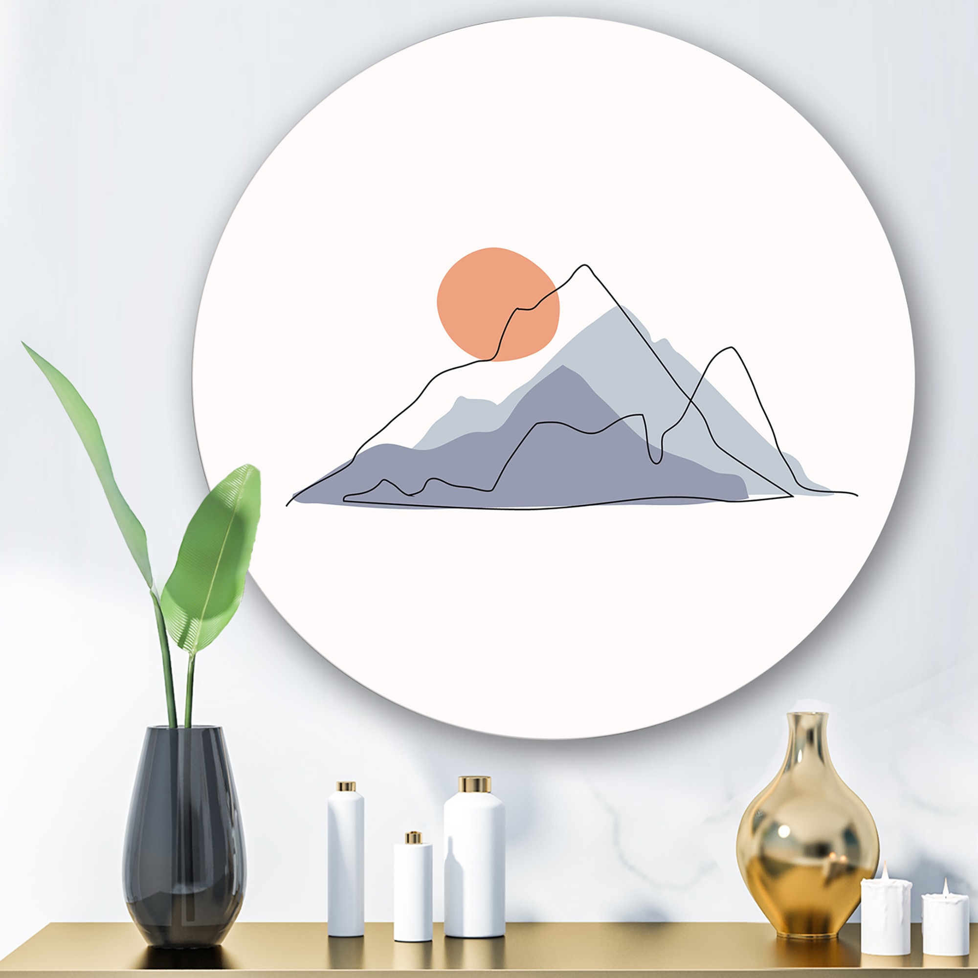 Designart 'Abstract Red Moon With Mountainscape' Modern Circle Metal Wall Art 11x11 - Disc of 11