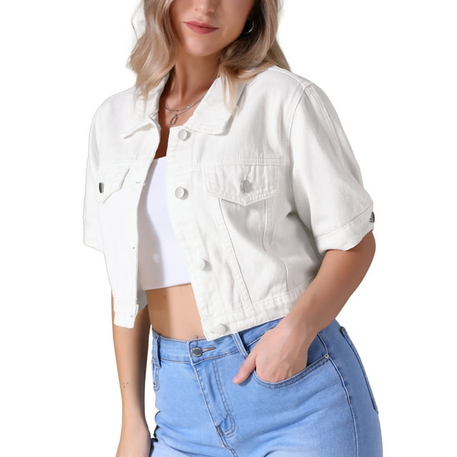 CHAQUETA DE JEAN BLANCA CORTA DE MANGA CORTA CON BOTONES Y DESGASTE PARA MUJER INSPIRADA EN CHIC TALLA L