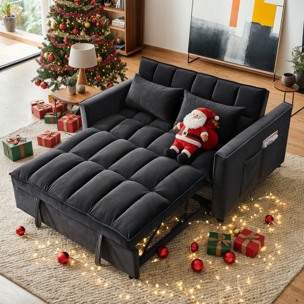 Demi Bonn 3 in 1 Convertible Sleeper Sofa Bed with Side Pocket, Adjustable Backrest Velvet Futon Couches for Living Room, Pull Out Couch, Loveseat, Black