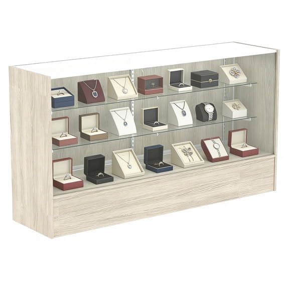 70" W x 38" H x 18" D - full vision display showcase, Gray Wood Grain Wooden Frame with LED