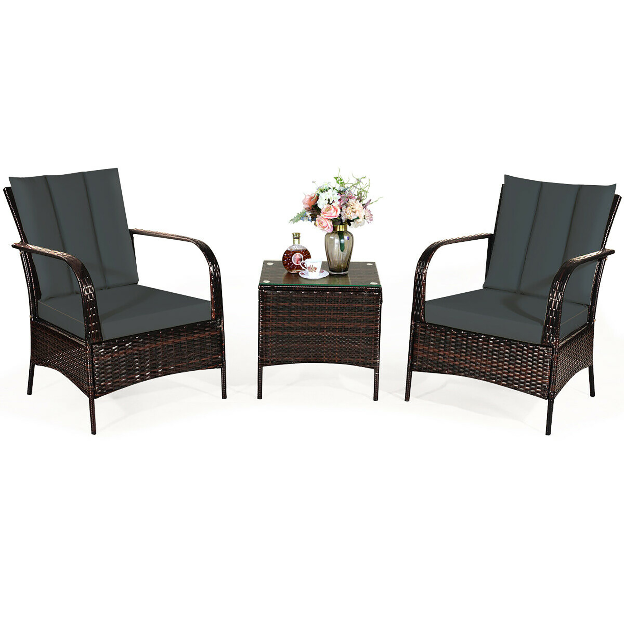 Costway 3 PCS Patio Rattan Furniture Set Coffee Table & 2 Rattan Chair W/Gray Cushions - image 2 of 10