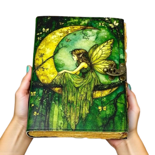 Handmade Leather Journal with Fairy Artwork – 5x7 Inch Vintage Notebook with 200 Deckle Paper Pages, Locking Clasp, Handmade Gift Diary for Writing, Sketching & Collecting