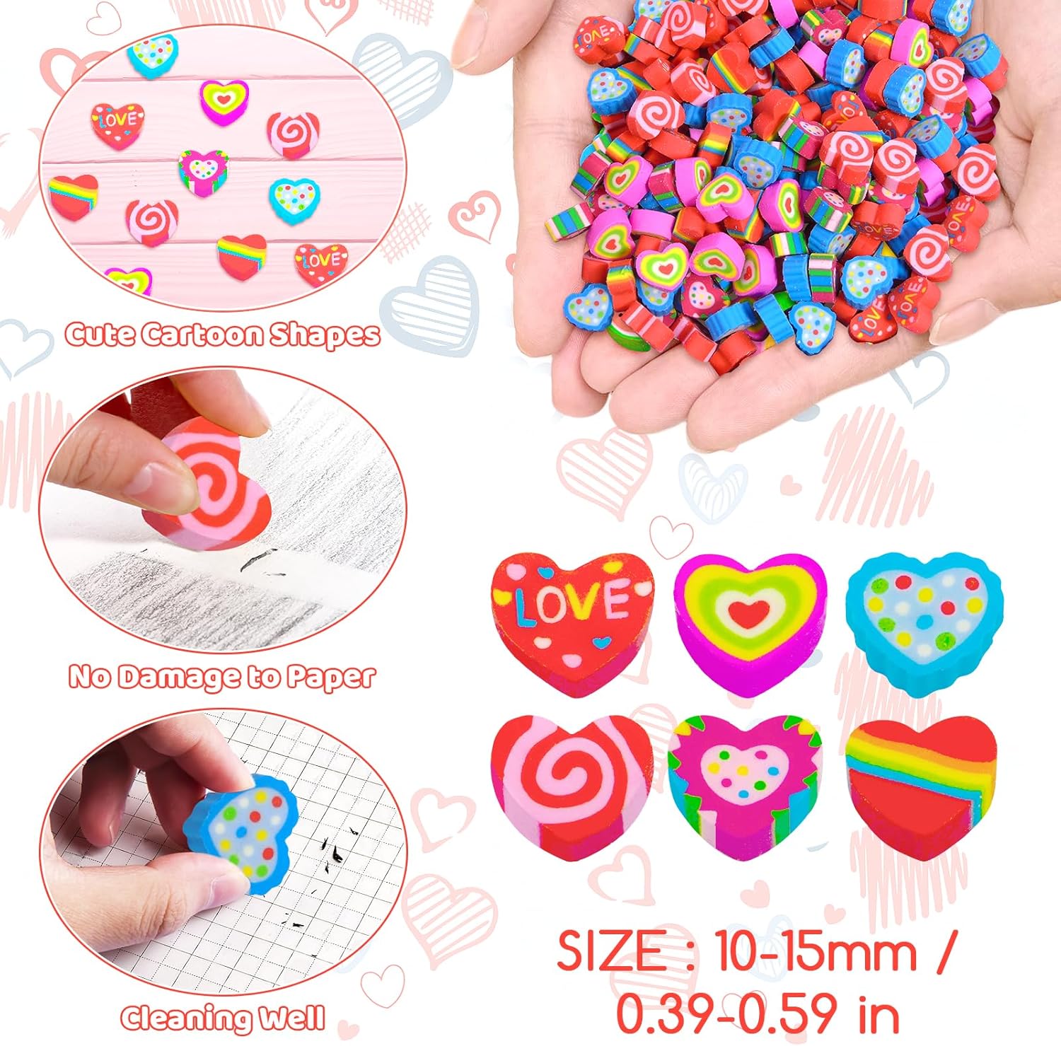 300 Pieces Valentine Heart Mini Erasers Assortment Fun Tiny Novelty Pencil Erasers Bulk for Valentine Day Party Favor