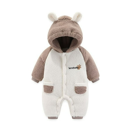 

Hrsba Infant Winter Button Romper Baby Long-sleeved Warm Jumpsuit Clothing with Cute Ears Coffee 18M