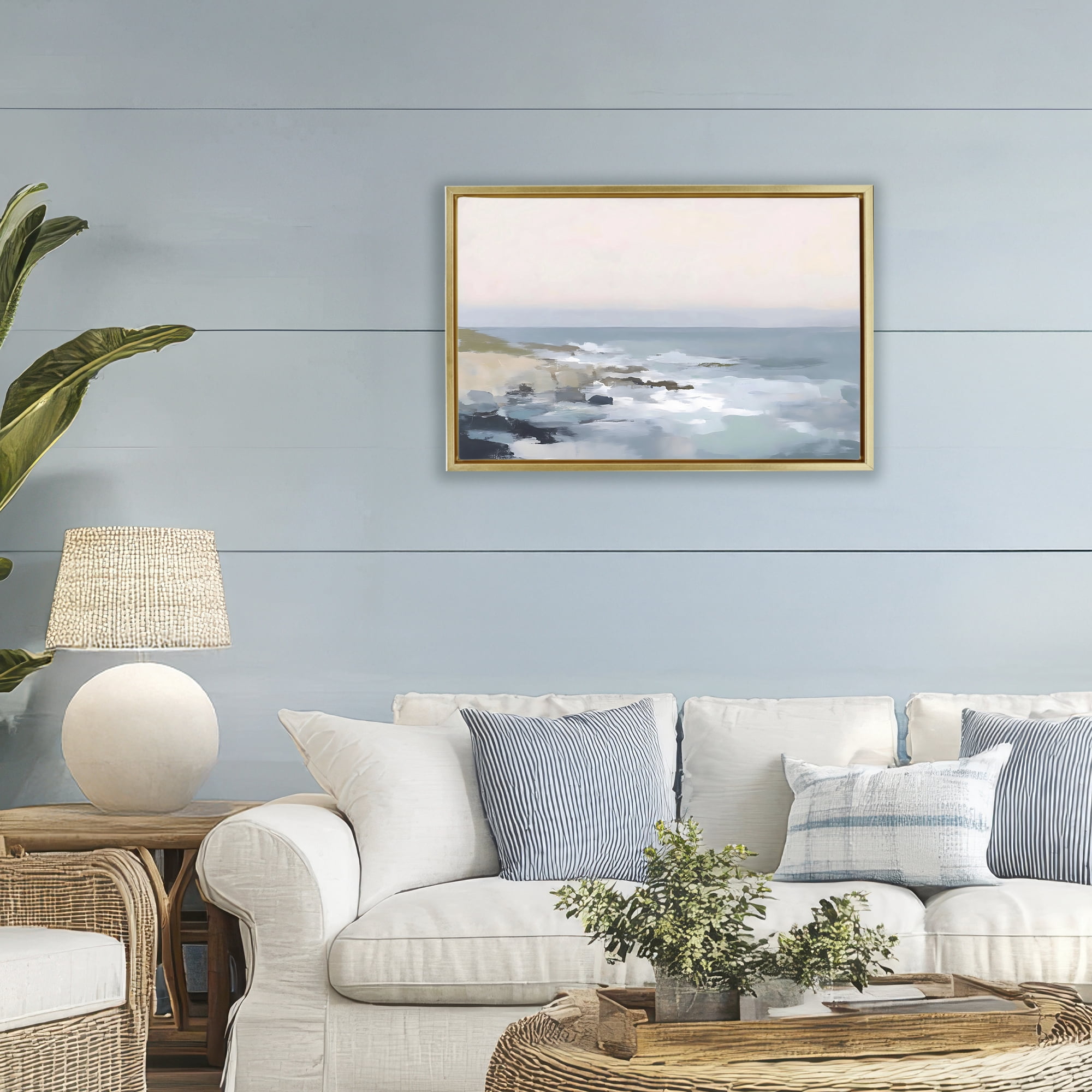 Stupell Industries Serene Coastal Ocean Scene Gold Framed Floater Canvas Wall Art, design by Creative Studio