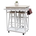 thumbnail image 2 of Semicircular Folding Dining Table Cart with 2 Drawers and 2 Stools, Bar Table Set Cart with Wooden Handle, Wheels and Footrest, 3 Pack Drop Leaf Table Set for Kitchen and Restaurant, White, 2 of 9