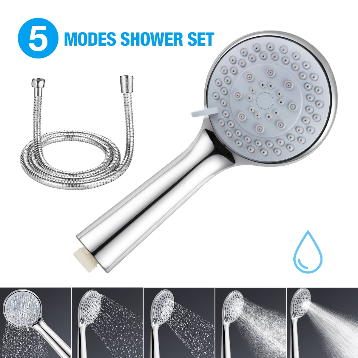 5 Sprays Shower Base Head Hand Held High-Pressure Bathroom Set+1.5m Hose+Holder 