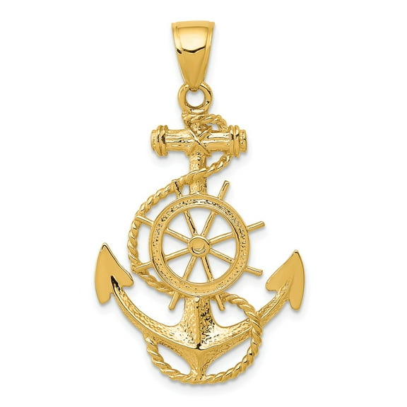 Real 14kt Yellow Gold Large Anchor With Wheel Pendant; for Adults and Teens; for Women and Men