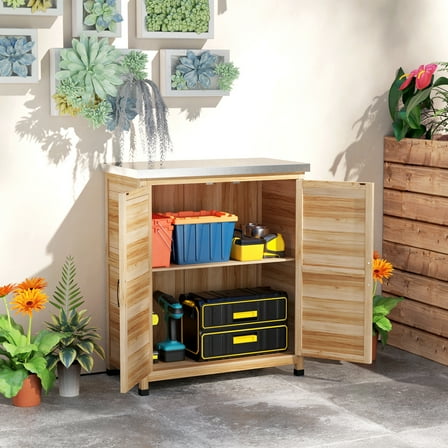 Outsunny Wooden Storage Cabinet, Outdoor Prep Station with Metal Tabletop and Shelf, Patio Storage Cabinet with Double Doors, Natural Wood
