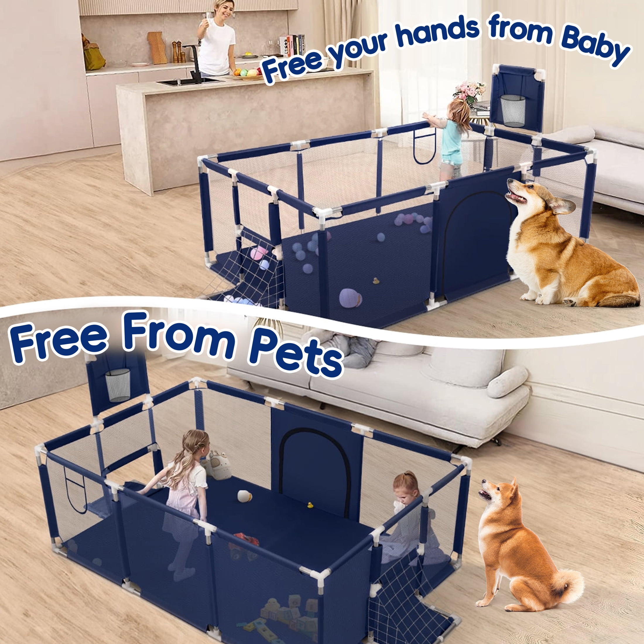 HioHa Extra Large Baby Playpen, Big Play Pens for Babies and Toddlers, Gap-Free, Climb-Proof Baby Playards for Indoor Fun, Baby Gate Playpen with Zippered Door and Storage Bag