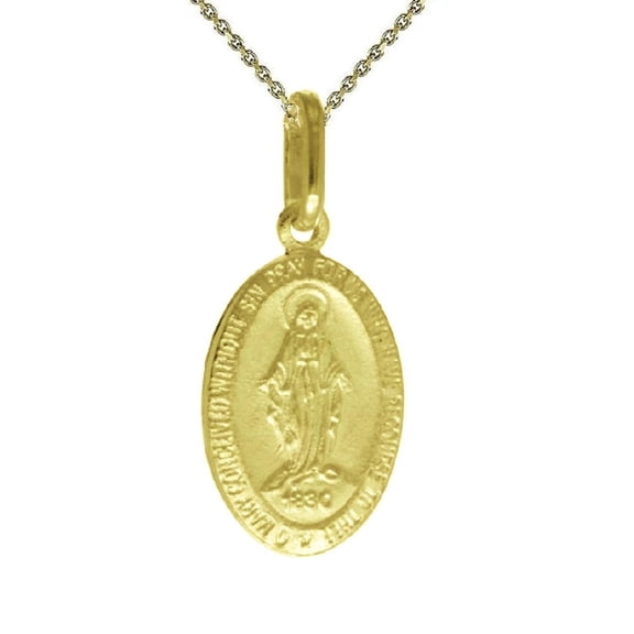 925 Sterling Silver Yellow Gold Plated 1mm Cable Chain Necklace w/ Miraculous Virgin Mary Pendant Charm