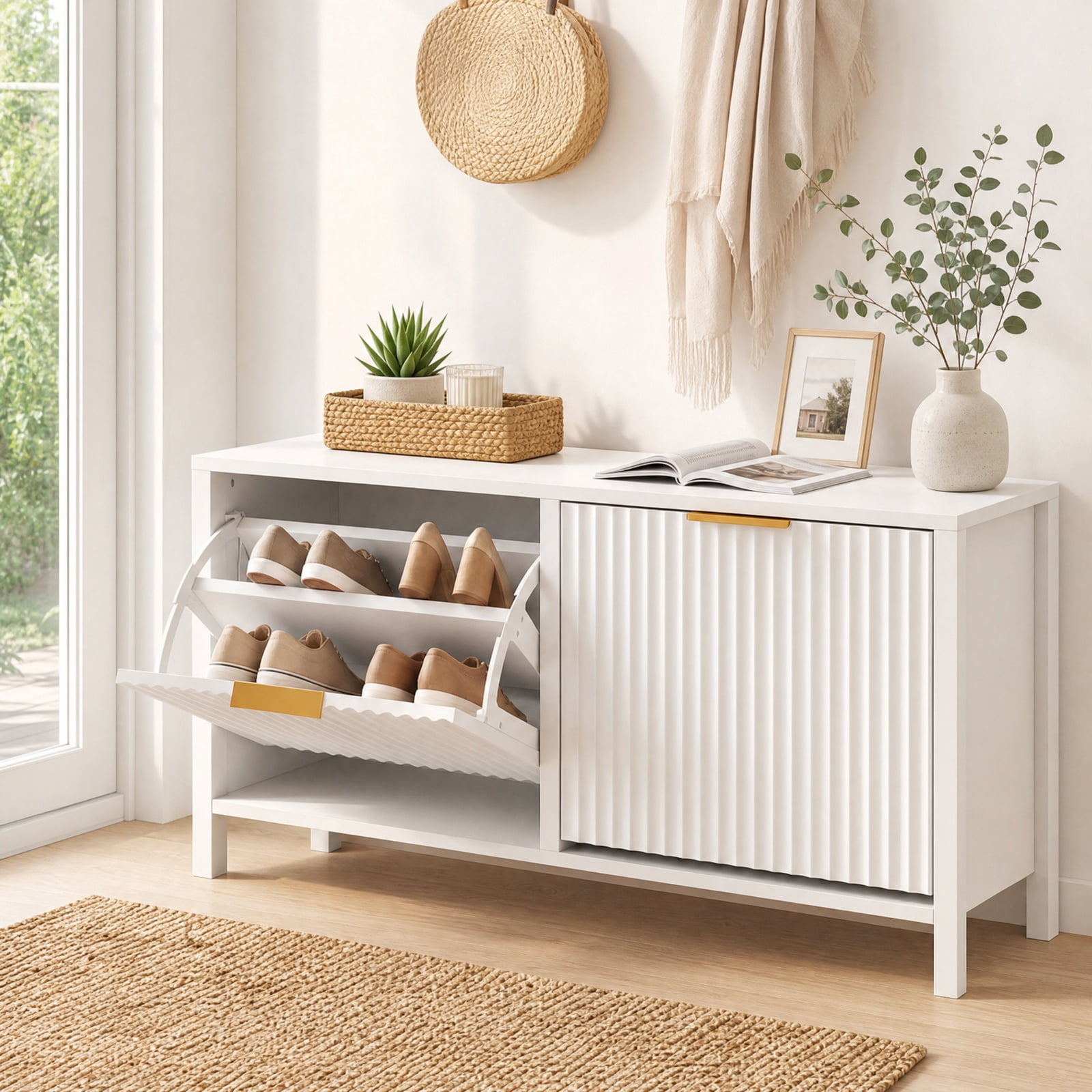 Furnibear Shoe Storage Bench Narrow Wooden Entryway Bench with 2 Flip Drawers and Adjustable Shelves for Hallway Bedroom, White