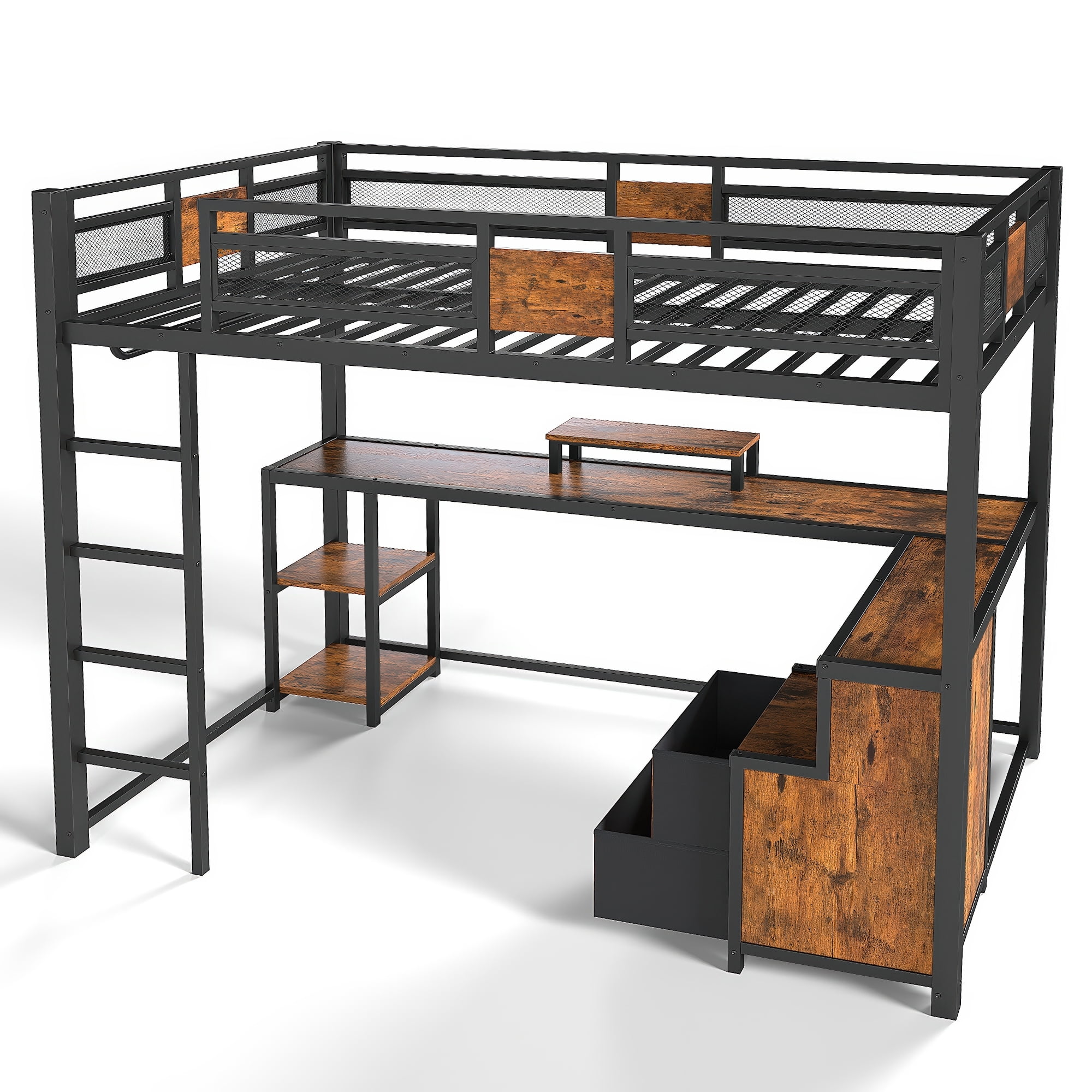 Leumius Twin XL Loft Bed with Desk and Storage Non-woven Fabric Drawers, Metal Loft Bed Frame with Ladders, Nosie-free and No Spring Box Needed for Teens Adults Black