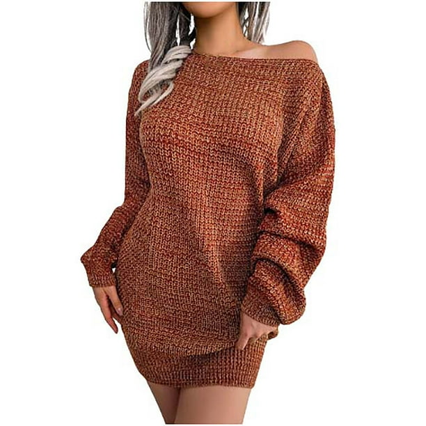 Vestidos para mujer Vestidos de otoño Moda de otoño e invierno Cuello de una palabra Fuera del hombro Manga de linterna Vestido de suéter de punto Odeerbi ODB-5