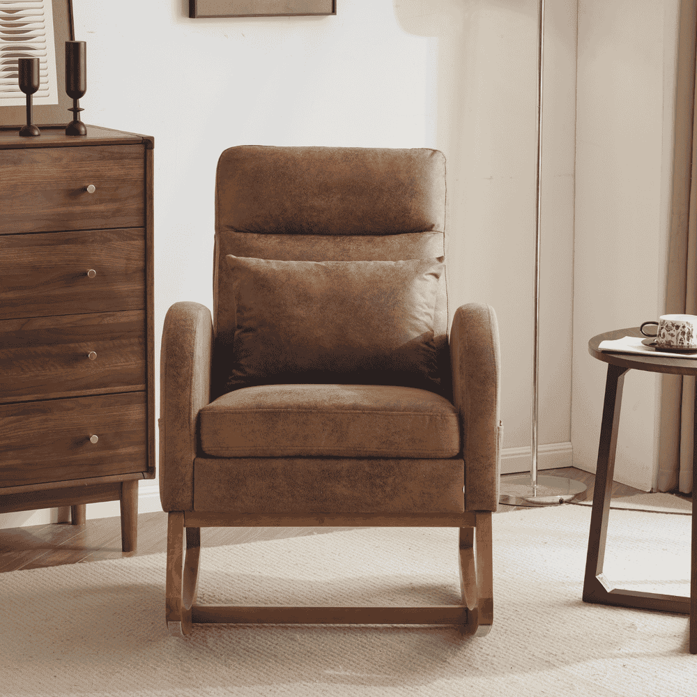 Spaco Linen Rocking Chair with Thick Headrest, Upholstered Mid-Century Modern Nursing Rocker Glider with Curved Armrest and Sturdy Solid Wood Base for Living Room, Bedroom, Baby Room, Brown