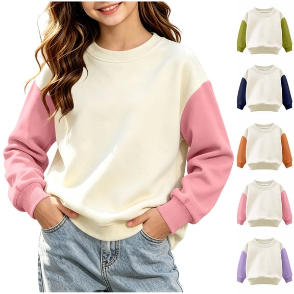 QIUOMBBP Girls Long Sleeve Shirts Casual Crewneck Sweatshirt Cute Color Block Pullover Sweaters Preppy Kids Clothes Orange