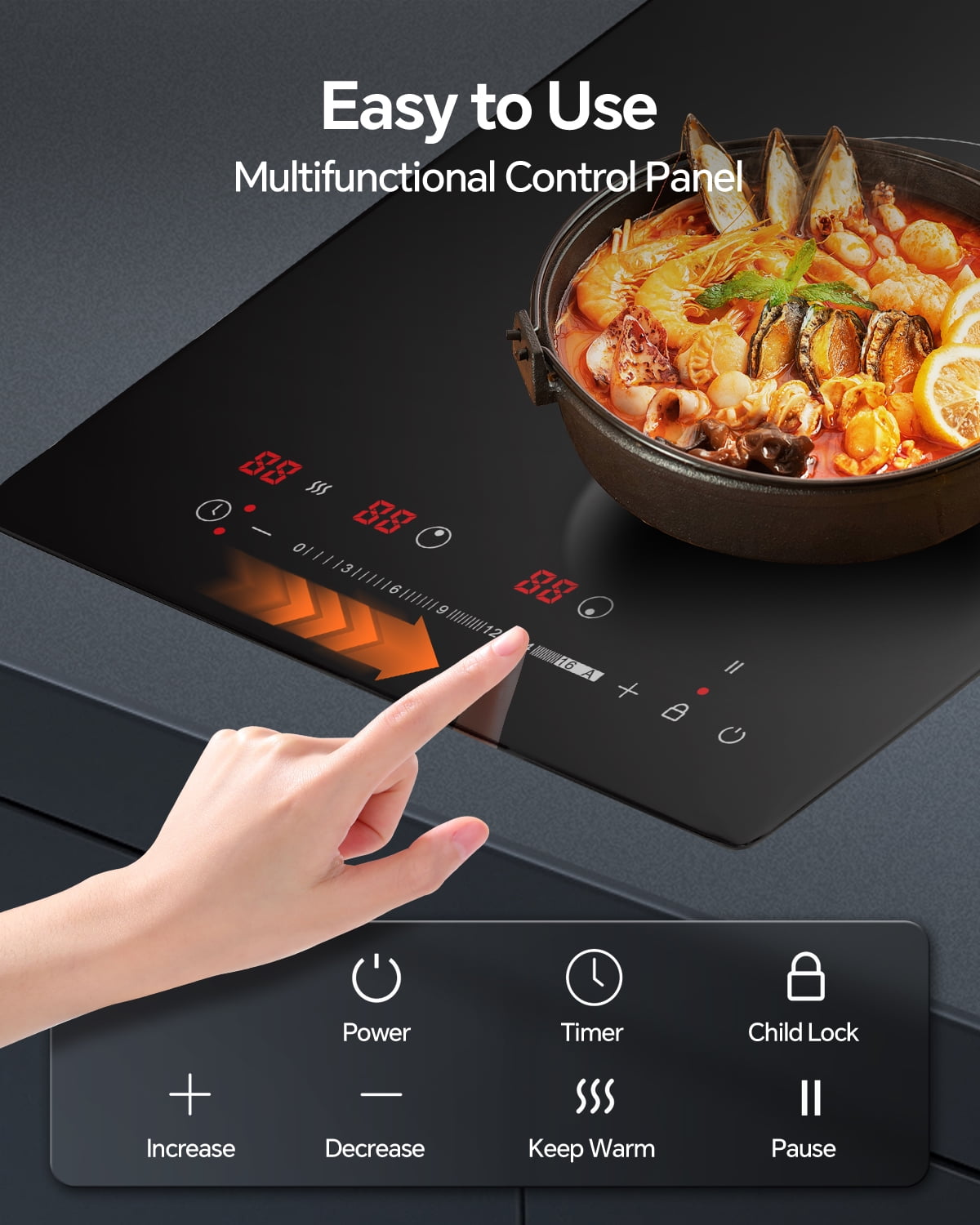 Electric Cooktop with 2 Burners, 12 inch 3000W 240V Ceramic Panel Electric Cooktop, Multiple Safety Protections Stove, Touch Screen