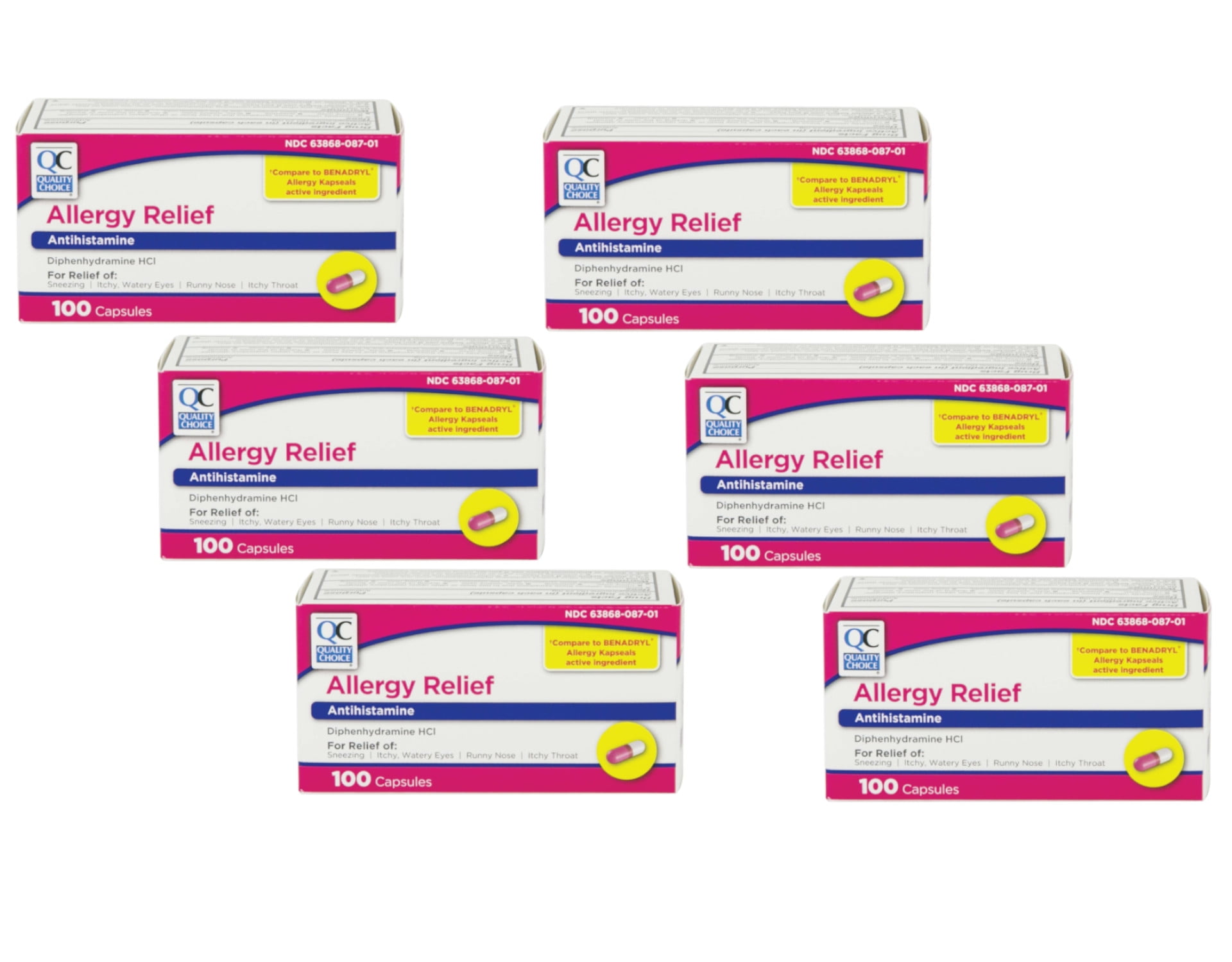6 Pack Quality Choice Allergy Relief Antihistamine Medicine 100 Capsules Each