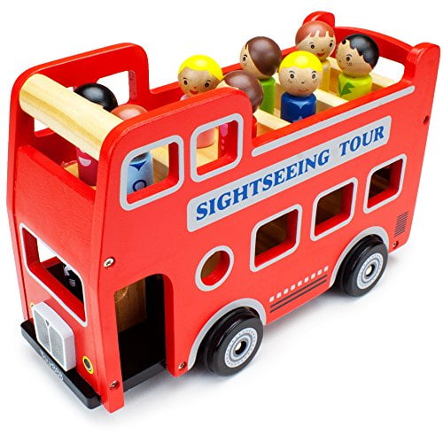 Imagination Generation Wooden Wheels Double-Decker Red London Tour Bus with 8 Tourists