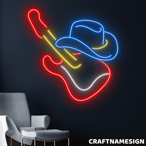 Craftnamesign Cowboy Guitar Neon Sign, Western Country Living Wall Room Decor