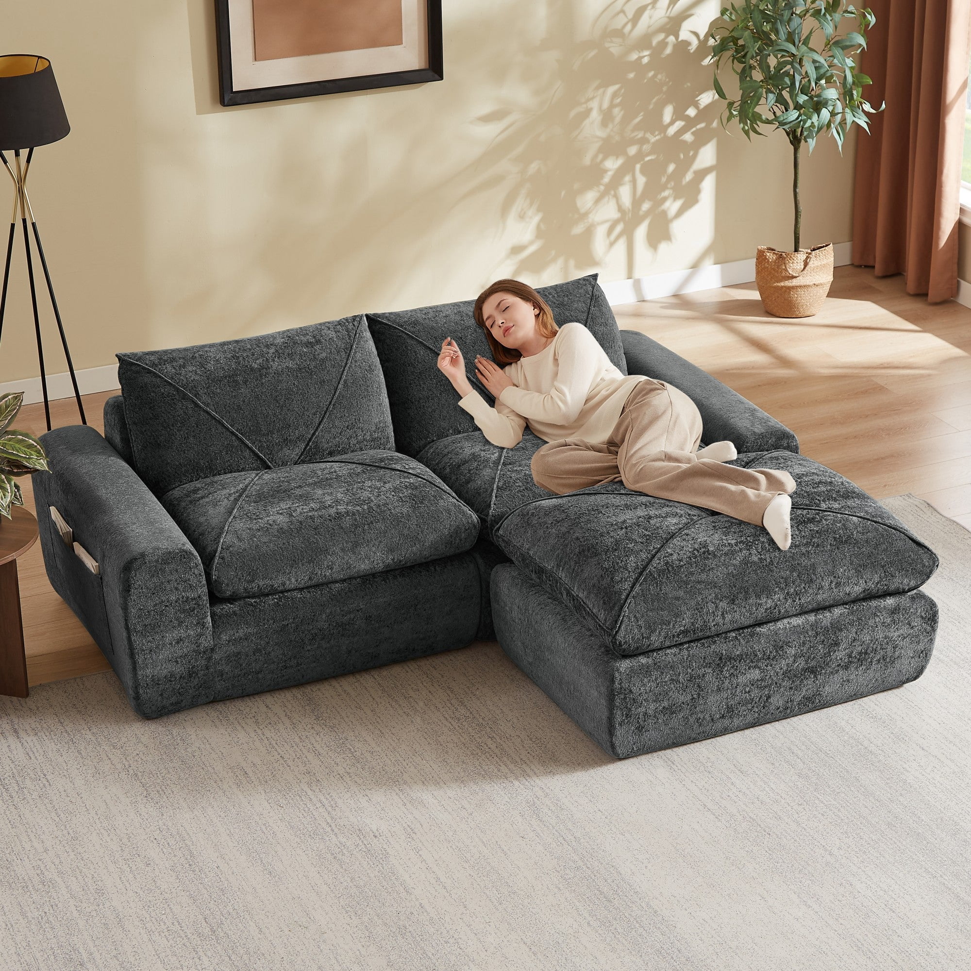 Sailvan Modern Chenille Sectional Sofa with Ottoman Modular Living Room Furniture Comfortable Deep Seat Couch for Families and Apartments Dark Gray