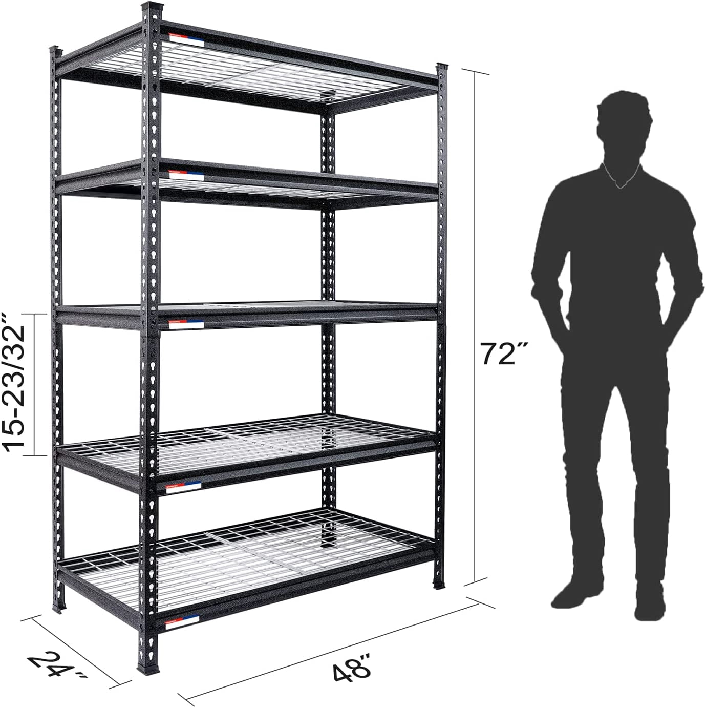 WORKPRO 5-Tier Metal Storage Shelving Unit, 48"W x 24"D x 72"H, 4000 lbs Load Capacity (Total), Black