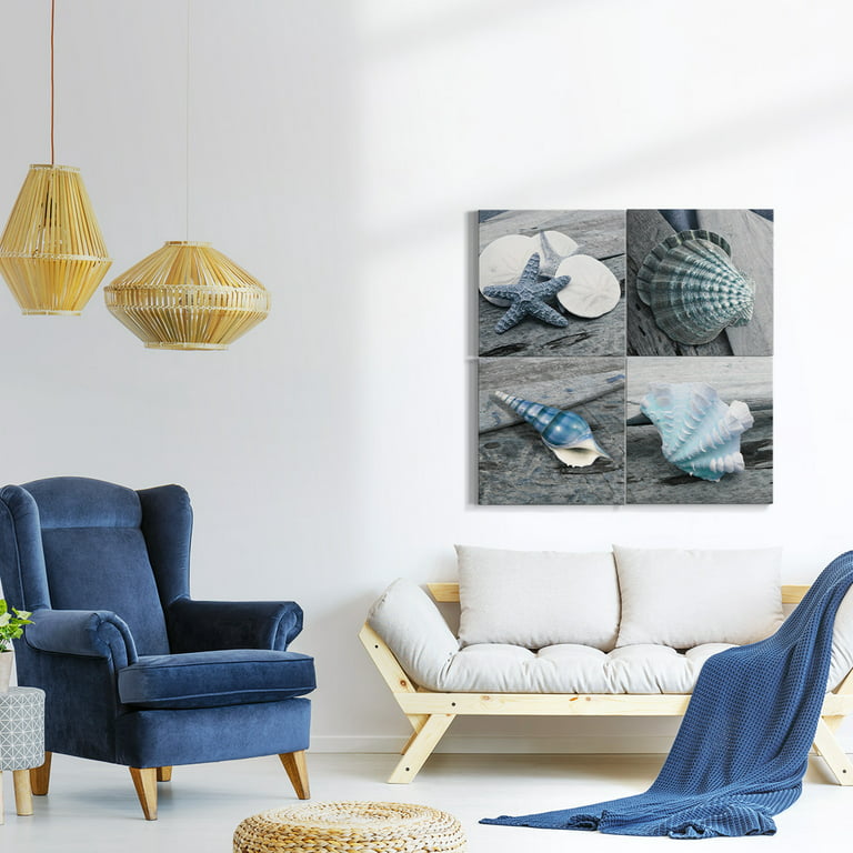American Art Decor 4 Piece Teal & Gray Beach Theme Canvas Wall Art Set -  Home Decor Print for Living Room, Bedroom, Bathroom, & Guest Room (Elegant  Shell, 16x16) 