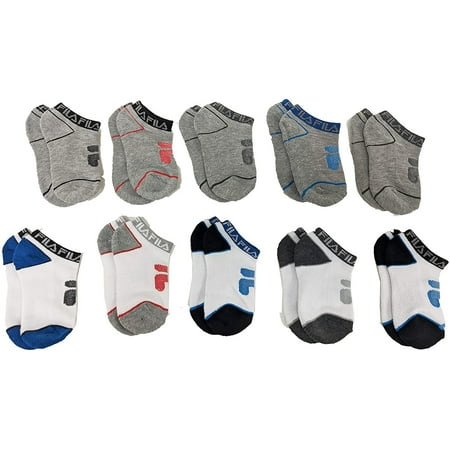 Fila Kids Boys 10-Pack Half Cushion No Show Socks Logo Welt - White, Boys Small Shoe Sizes 7-10
