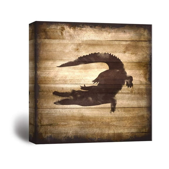 wall26 - Square Canvas Wall Art - Crocodile Silhouette on Rustic Wood Board Texture Background - Giclee Print Gallery Wrap Modern Home Art Ready to Hang - 16x16 inches