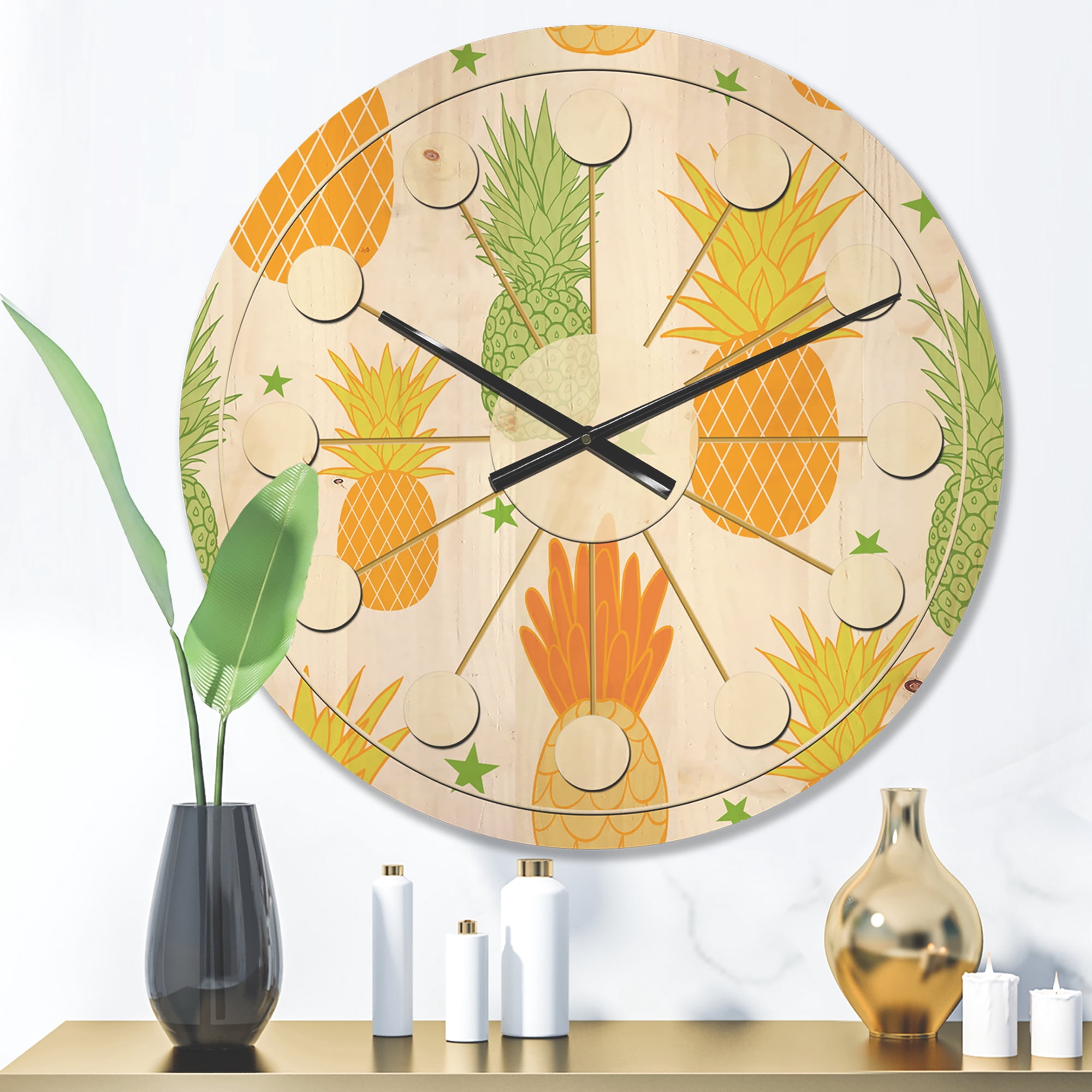 Designart 'Pineapple Summer Bliss Retro II' Mid-Century Modern Wood Wall Clock