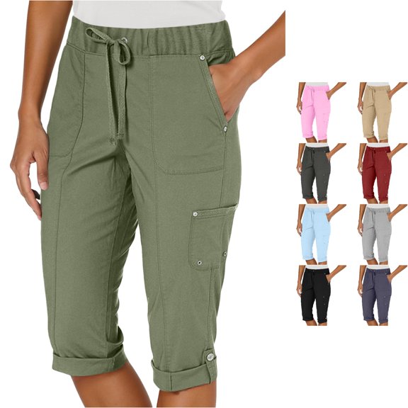 NinXxx Women's High Waisted Slim Wide Leg Cropped Slacks Thin Medium Green M