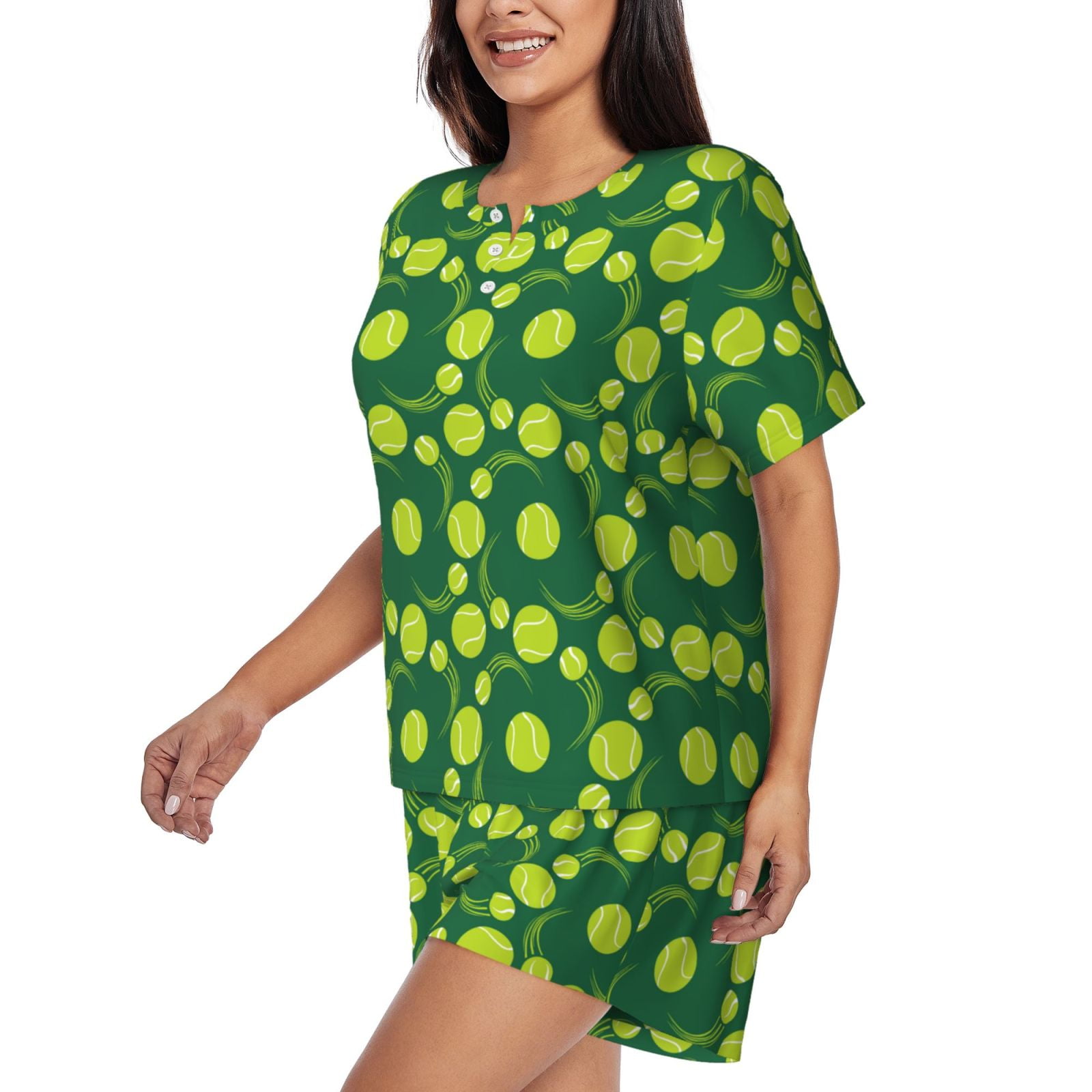 Naloa Tennis Balls Women's Short-Sleeved Pajama Set, Loungewear, Summer pajamas, Breathable Cozy - X-Large