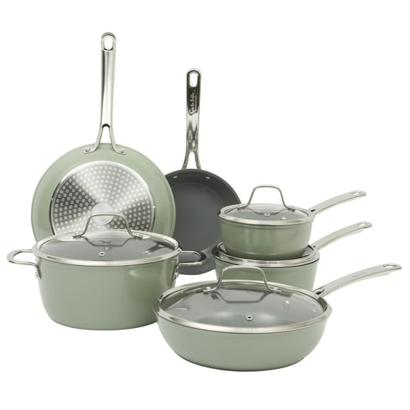 Sur La Table Kitchen Essentials Cool Commune Hard Anodized 10 Piece PFA Free Ceramic Non stick Interior Forged Durable Aluminum Pots and Pans Cookware Set - Green -