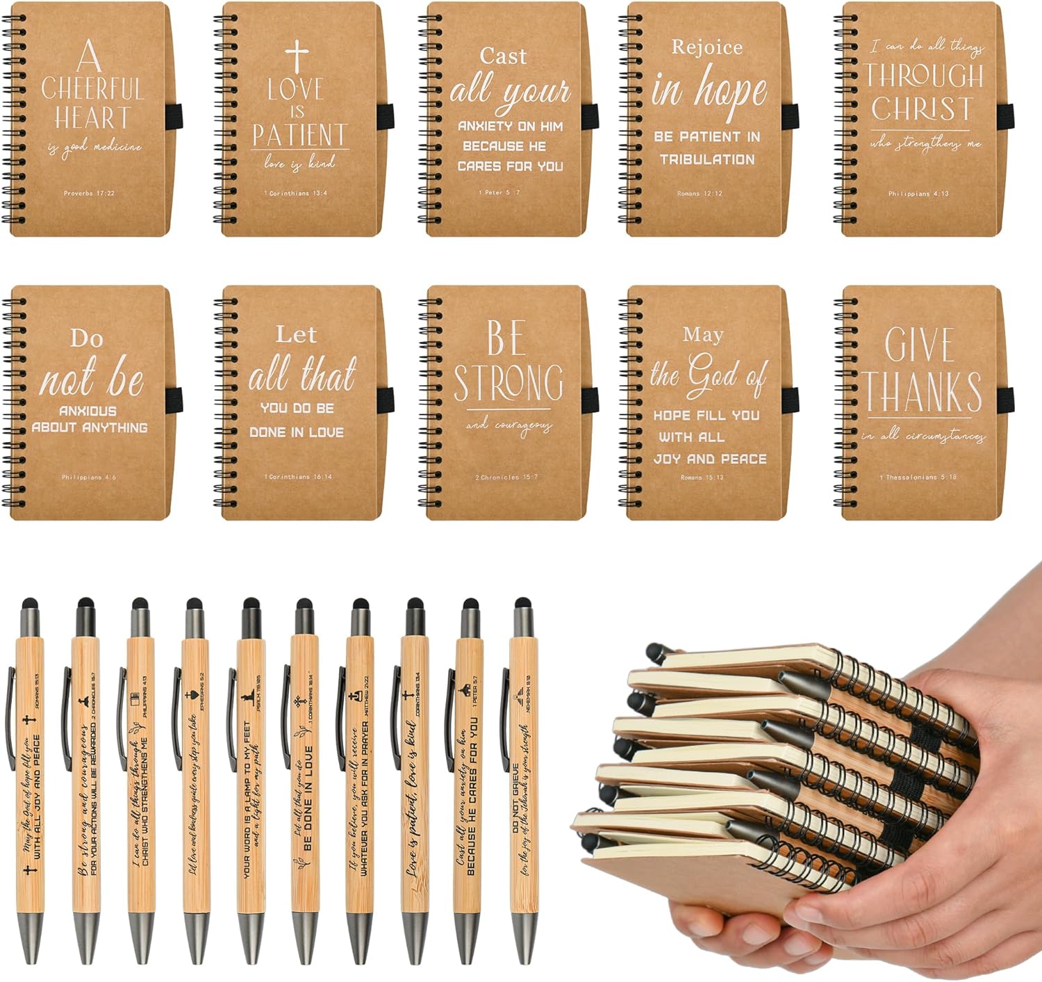Christian Prayer Journal Spiral Notebooks Bulk with Pens - Small Notepads (4.13”x5.43”) - inspirational Gifts for Women men,Church Members & Bible Study Groups (60 sets Brown)
