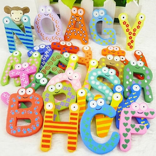 26 Letters Wooden Cartoon Fridge Magnet Baby Kids Developmental Learning Toys 