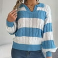 thumbnail image 3 of Lovskoo Sweaters for Women V Neck Lapel Collar Contrast Colors Knit Loose and Comfortable Long Sleeve Sweaters Sky Blue, 3 of 7