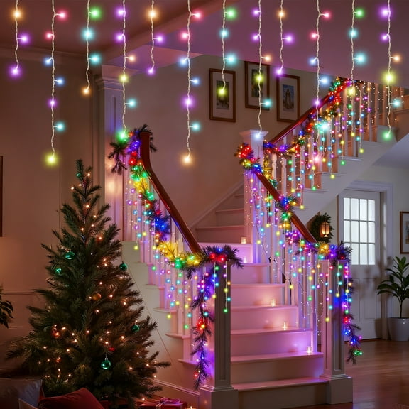 RGB Color Changing LED Icicle Lights For Outside House With 42-Key Remote,26FT LEDs Hanging Twinkle Christmas String Lights For House Roof Halloween Xmas,43 Modes,Timer,Holiday Presets,IP54